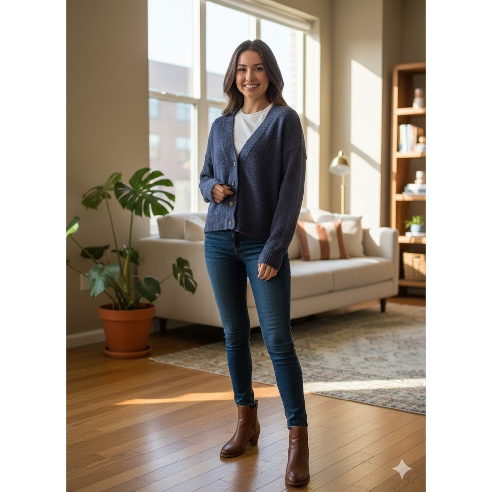 Nomad Blue Button Front Cardigan Sweater Women's Small V-Neck Knit Boxy Soft